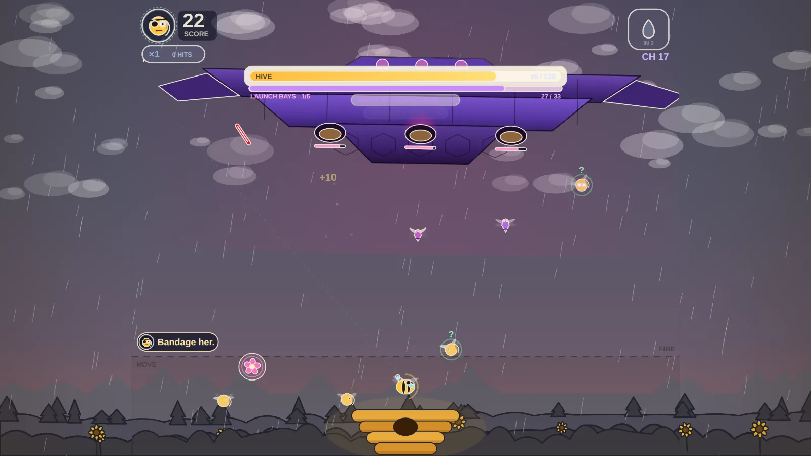 Bee vs Wasp: a mothership fills the rainy sky above a beehive.